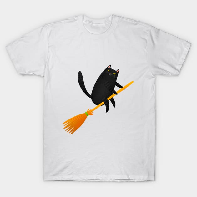 The witch cat is flying on a broom T-Shirt by Julia Gosteva